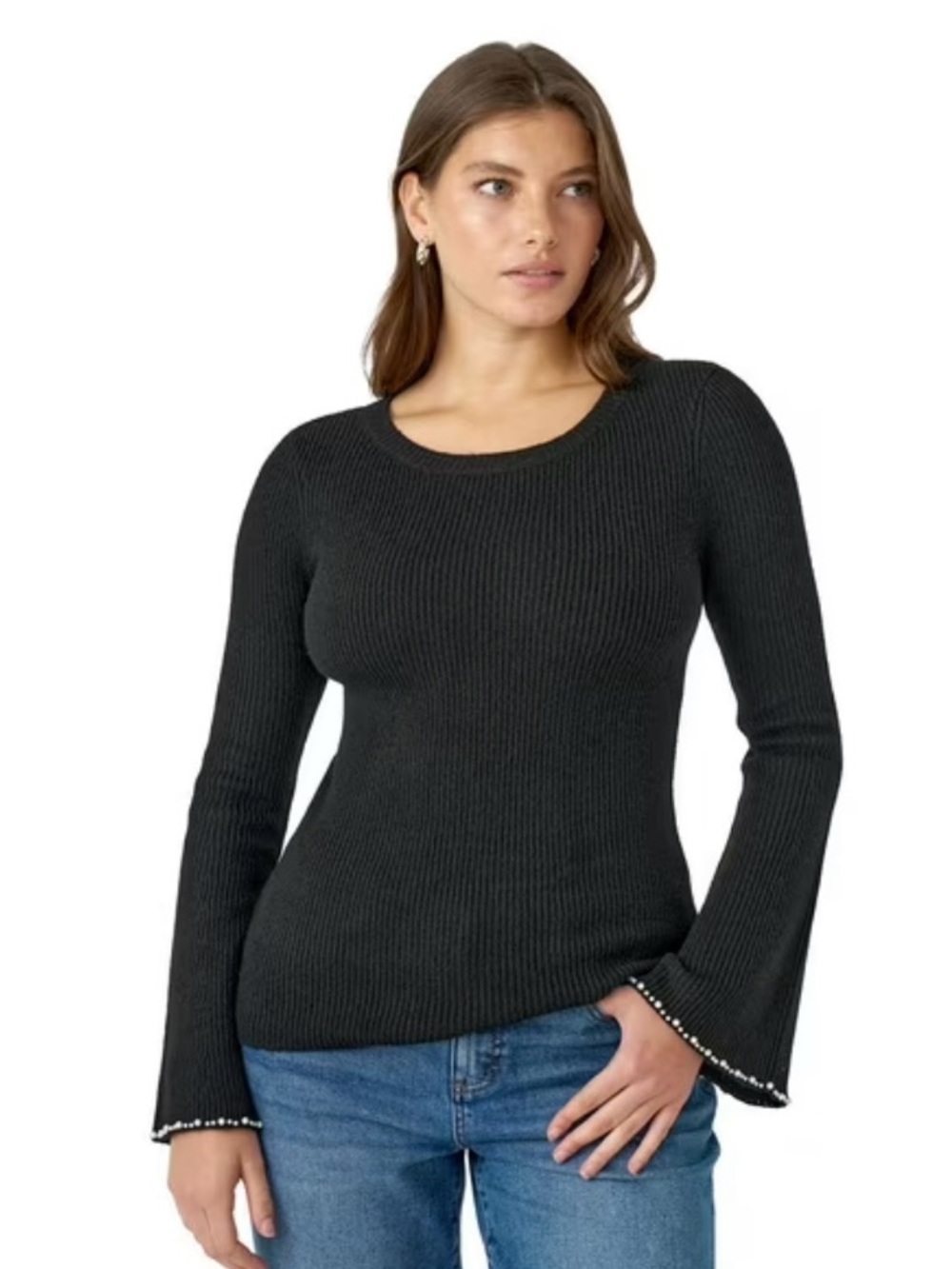 NWT Edited x Hunter McGrady Black Pearl Trim Ribbed Bell Sleeve Sweater - Size L